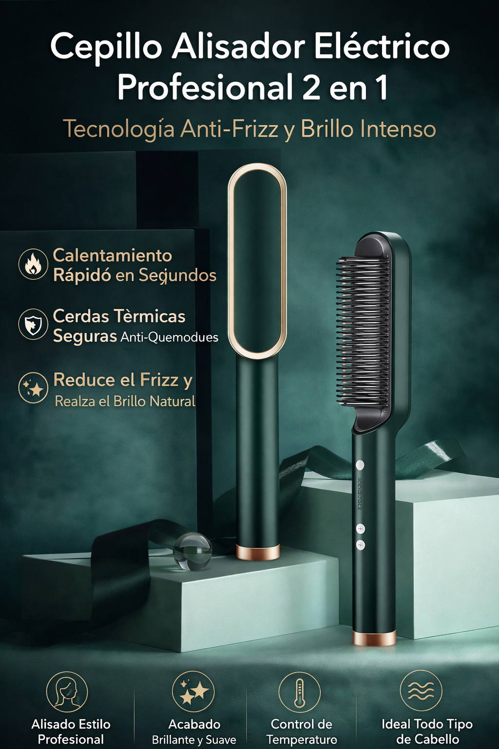 Cepillo Alisador Eléctrico Profesional 2 en 1 – Tecnología Anti-Frizz y Brillo Intenso