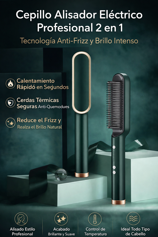 Cepillo Alisador Eléctrico Profesional 2 en 1 – Tecnología Anti-Frizz y Brillo Intenso