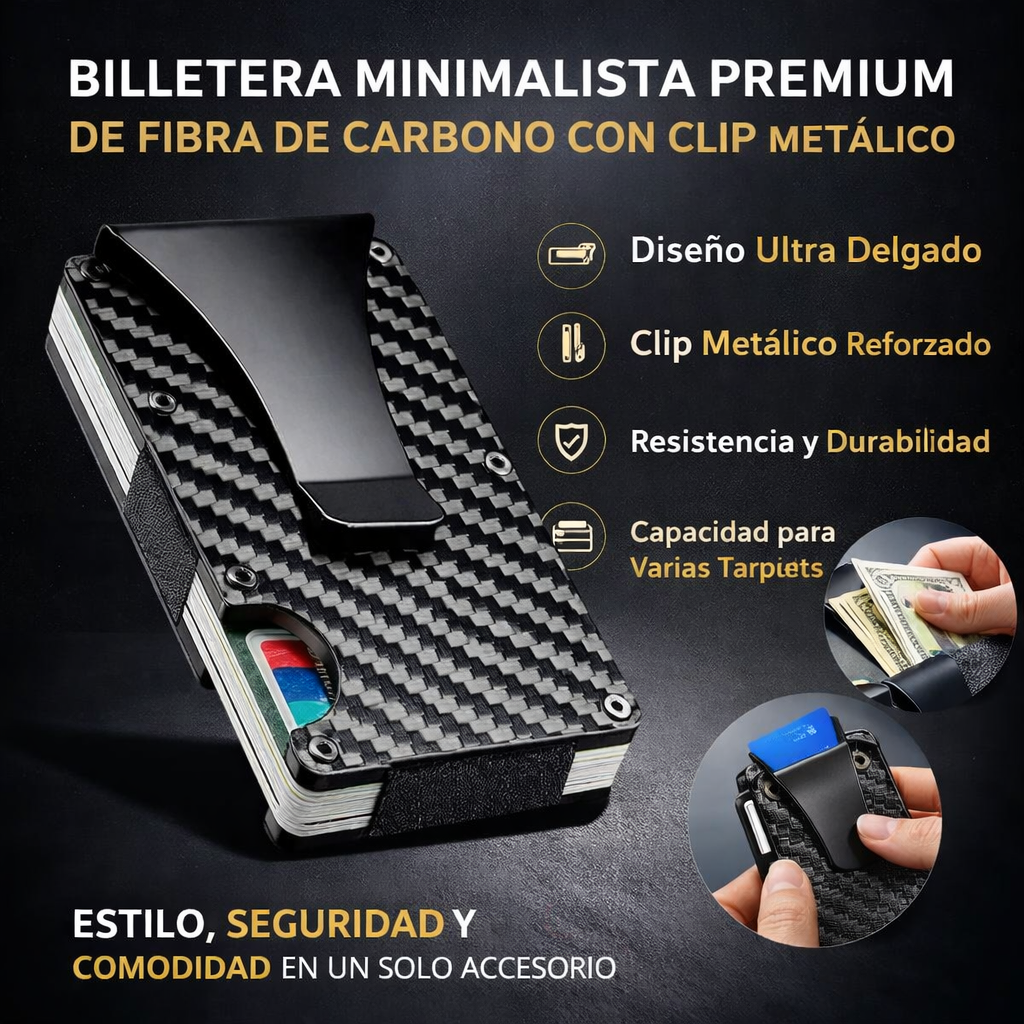 Billetera Minimalista Premium de Fibra de Carbono con Clip Metálico